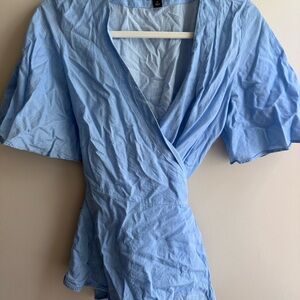 Ann Taylor Blue Flutter Sleeve Wrap Blouse
